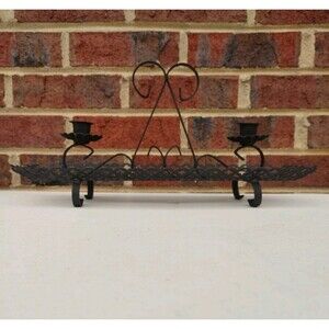 Vtg Black Wrought Iron Mesh Taper Candle Holder Tray centerpiece Mid Century